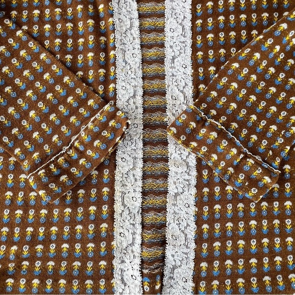 Vintage Retro Floral Open Front Cardigan Handmade Brown Medium 70s Vibes - Picture 7 of 8